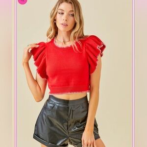 Day + Moon Ruffle Sleeve Crop Top Knit Sweater Red With White Trim Small Holiday